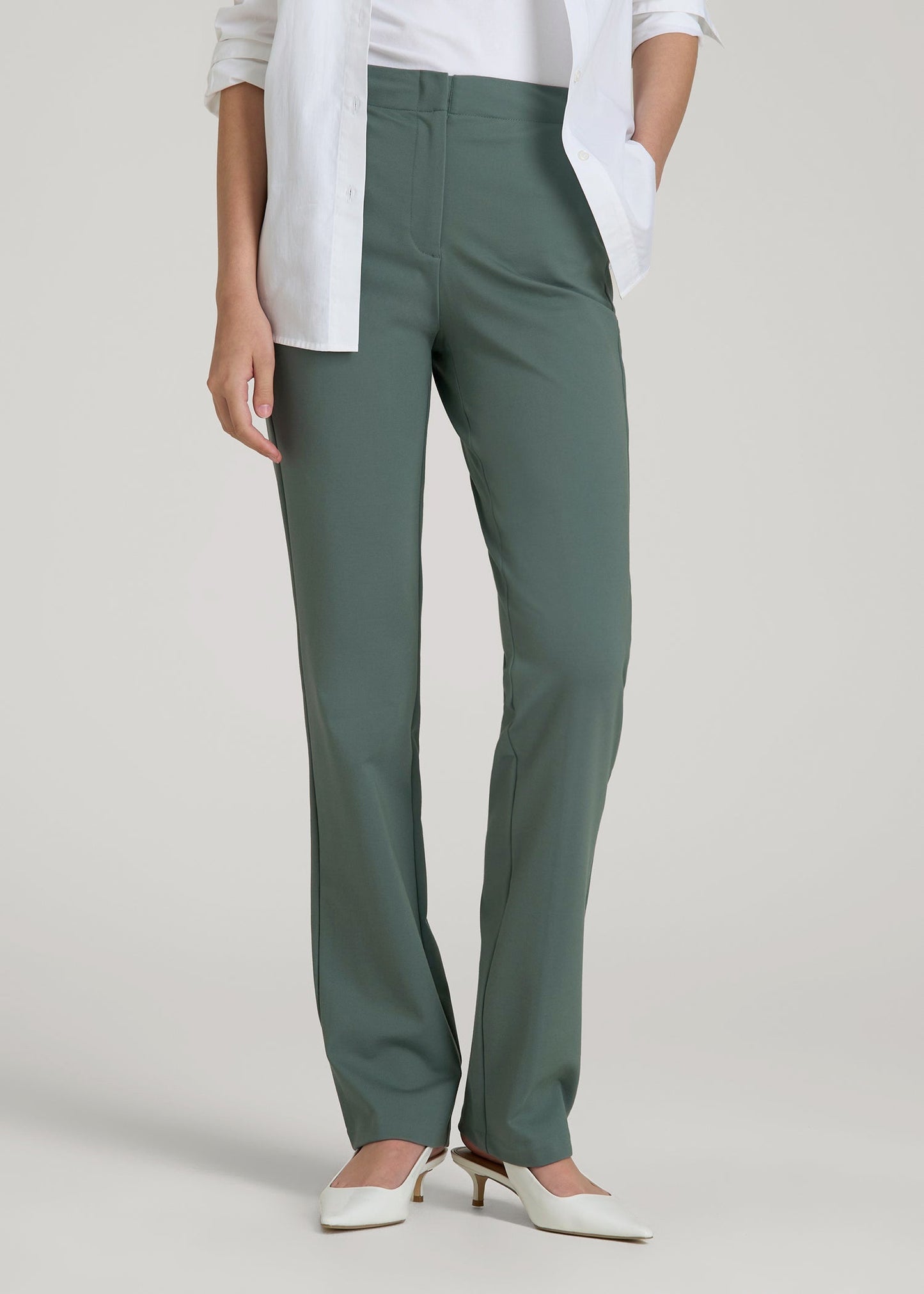 American Tall Women Freedom Flex Slim Straight Leg Dress Pants for Tall Women in Balsam Green