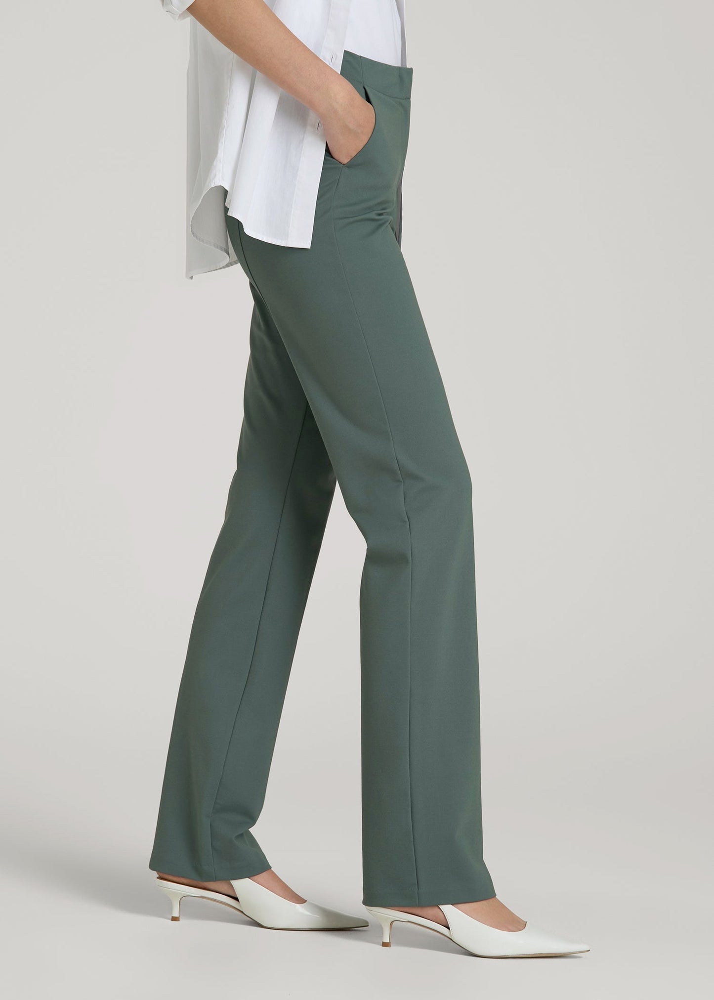 American Tall Women Freedom Flex Slim Straight Leg Dress Pants for Tall Women in Balsam Green