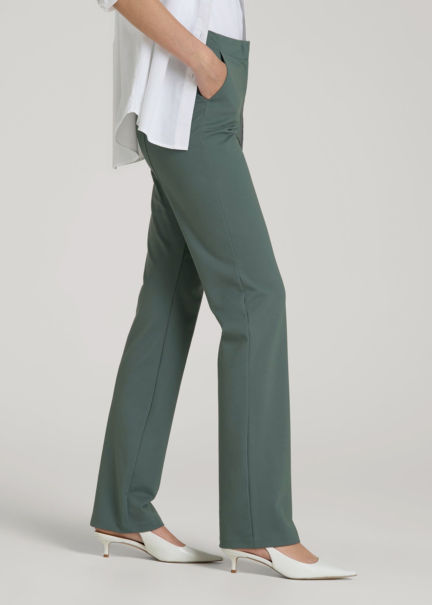 American Tall Women Freedom Flex Slim Straight Leg Dress Pants for Tall Women in Balsam Green