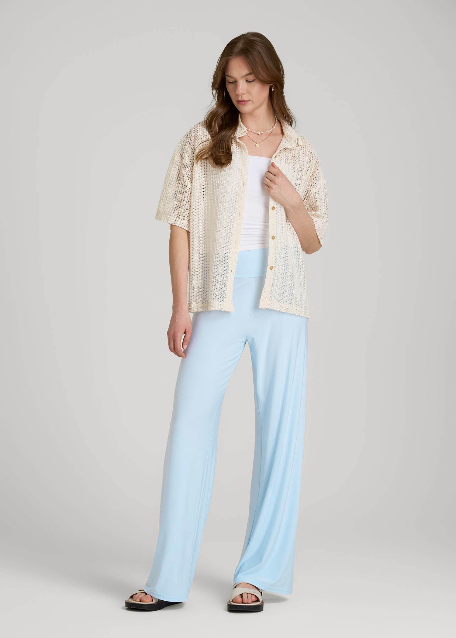 American Tall Women|Men Pull-On Breezy Wide Leg Pants for Tall Women in Ice Blue
