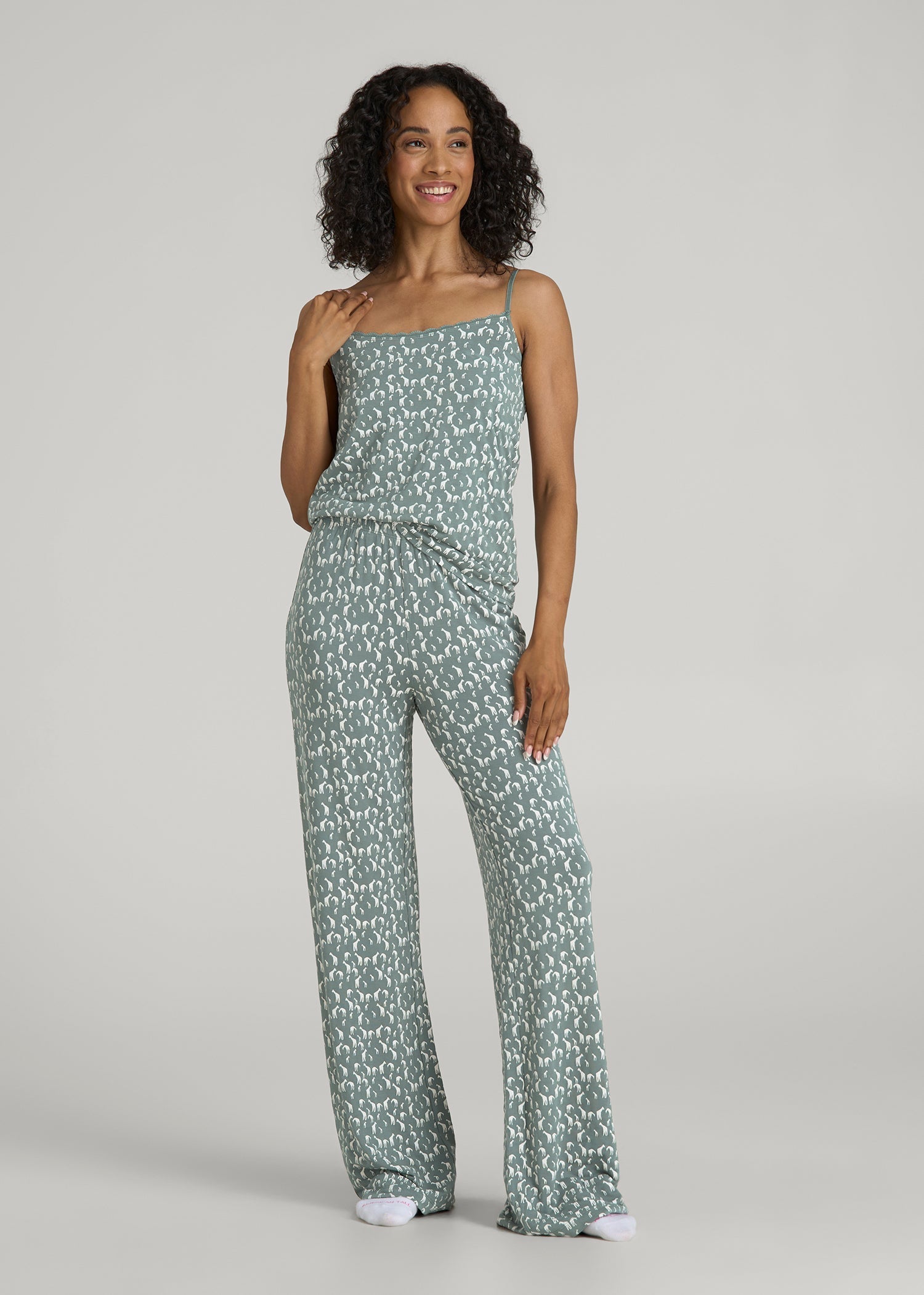 American Tall Men Lace Camisole Tank Top for Tall Women in Malachite Green Giraffe Print