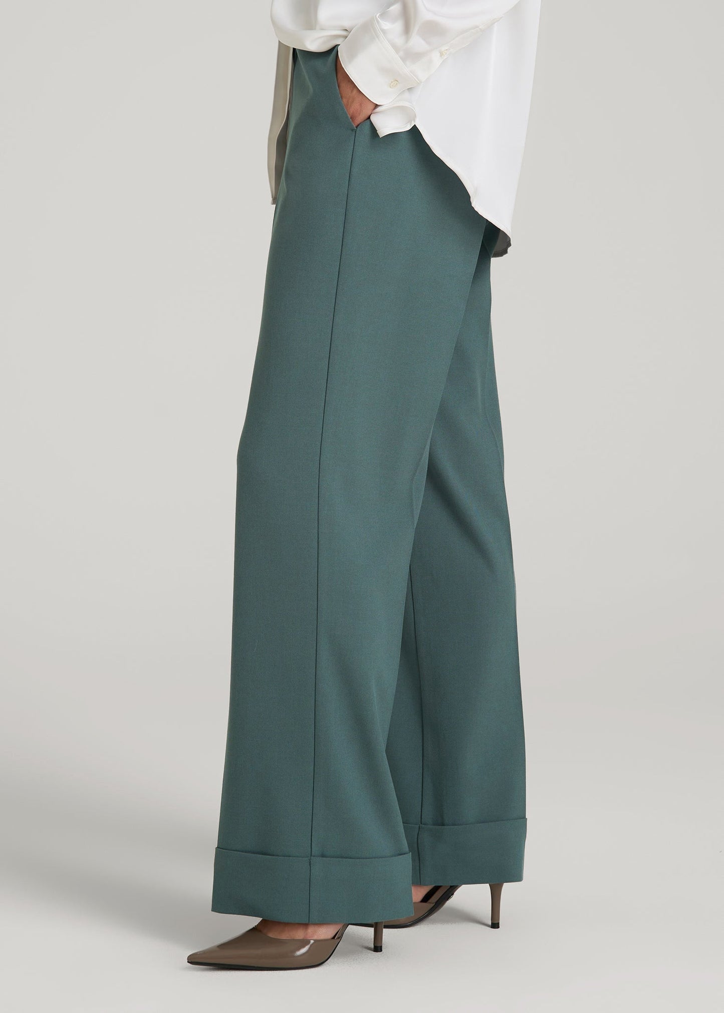 American Tall Women Wide-Leg Cuffed Pants for Tall Women in Balsam Green