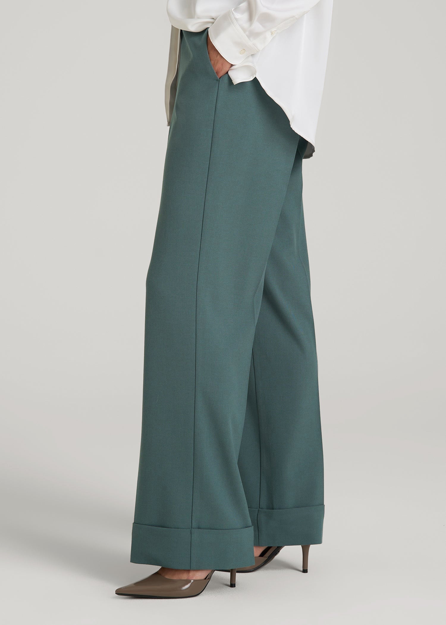 American Tall Women Wide-Leg Cuffed Pants for Tall Women in Balsam Green