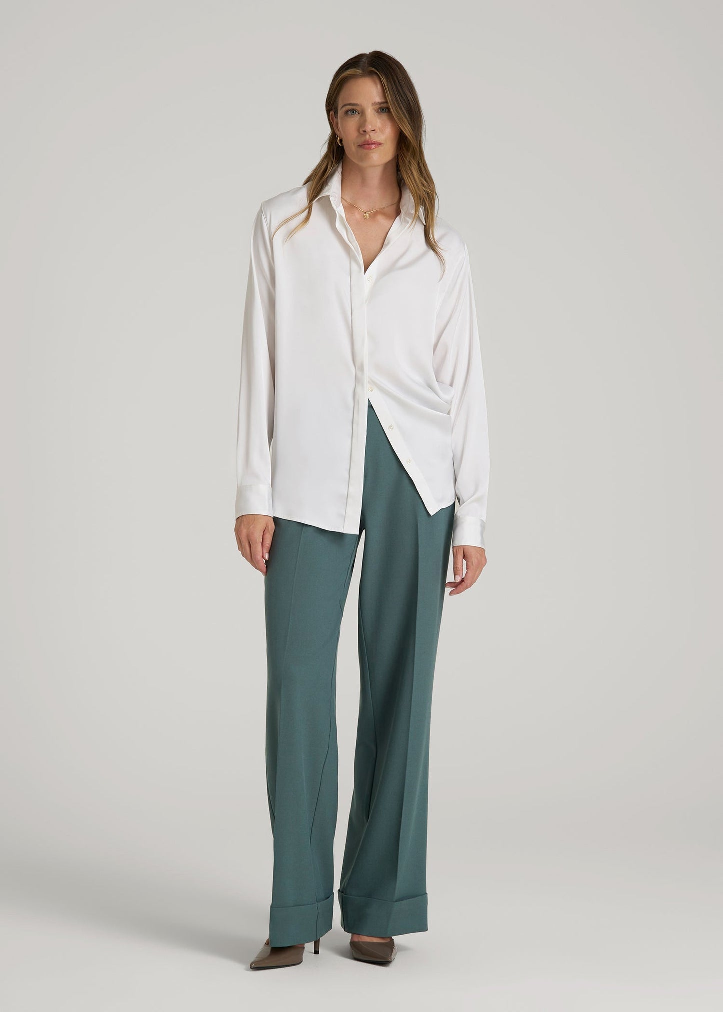 American Tall Women Wide-Leg Cuffed Pants for Tall Women in Balsam Green