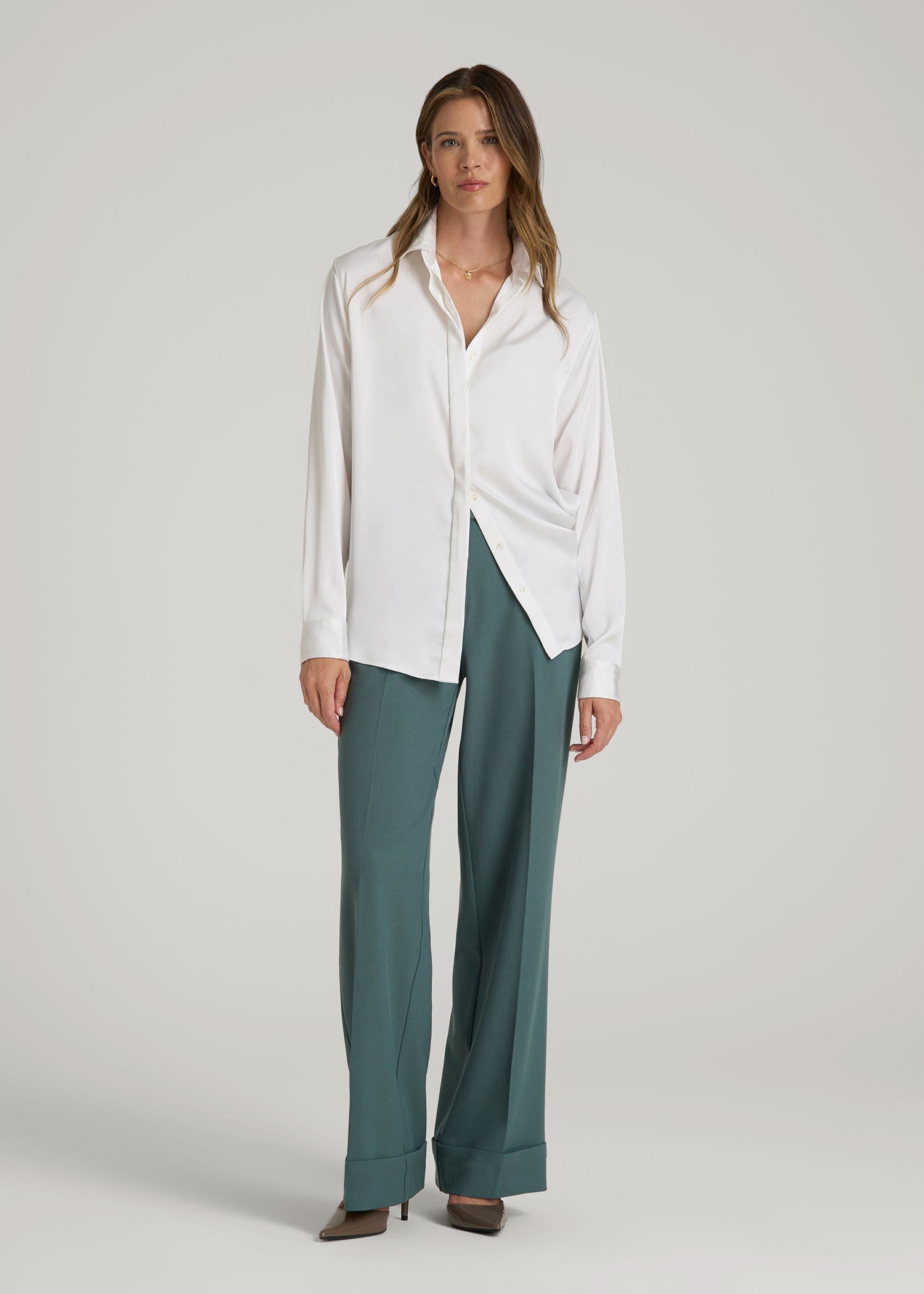 American Tall Women Wide-Leg Cuffed Pants for Tall Women in Balsam Green