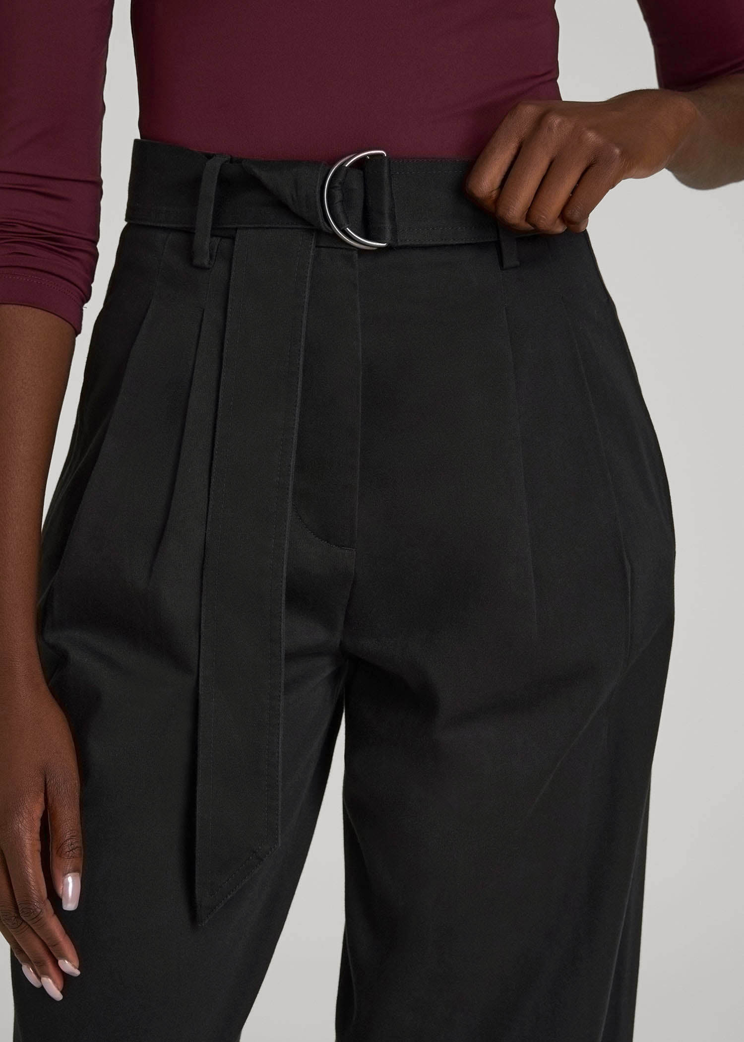 American Tall Women Pleated Wide Leg Chino With Belt for Tall Women in Deep Black