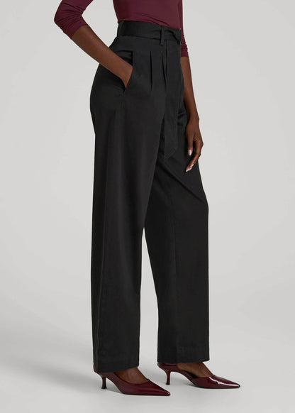 American Tall Women Pleated Wide Leg Chino With Belt for Tall Women in Deep Black