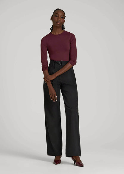 American Tall Women Pleated Wide Leg Chino With Belt for Tall Women in Deep Black