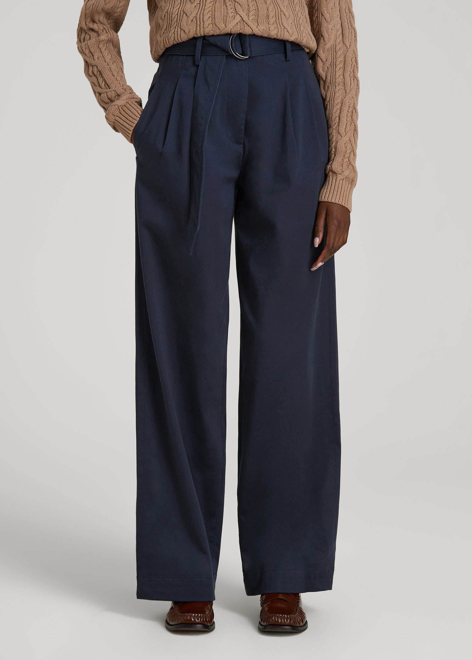 American Tall Women Pleated Wide Leg Chino With Belt for Tall Women in True Navy