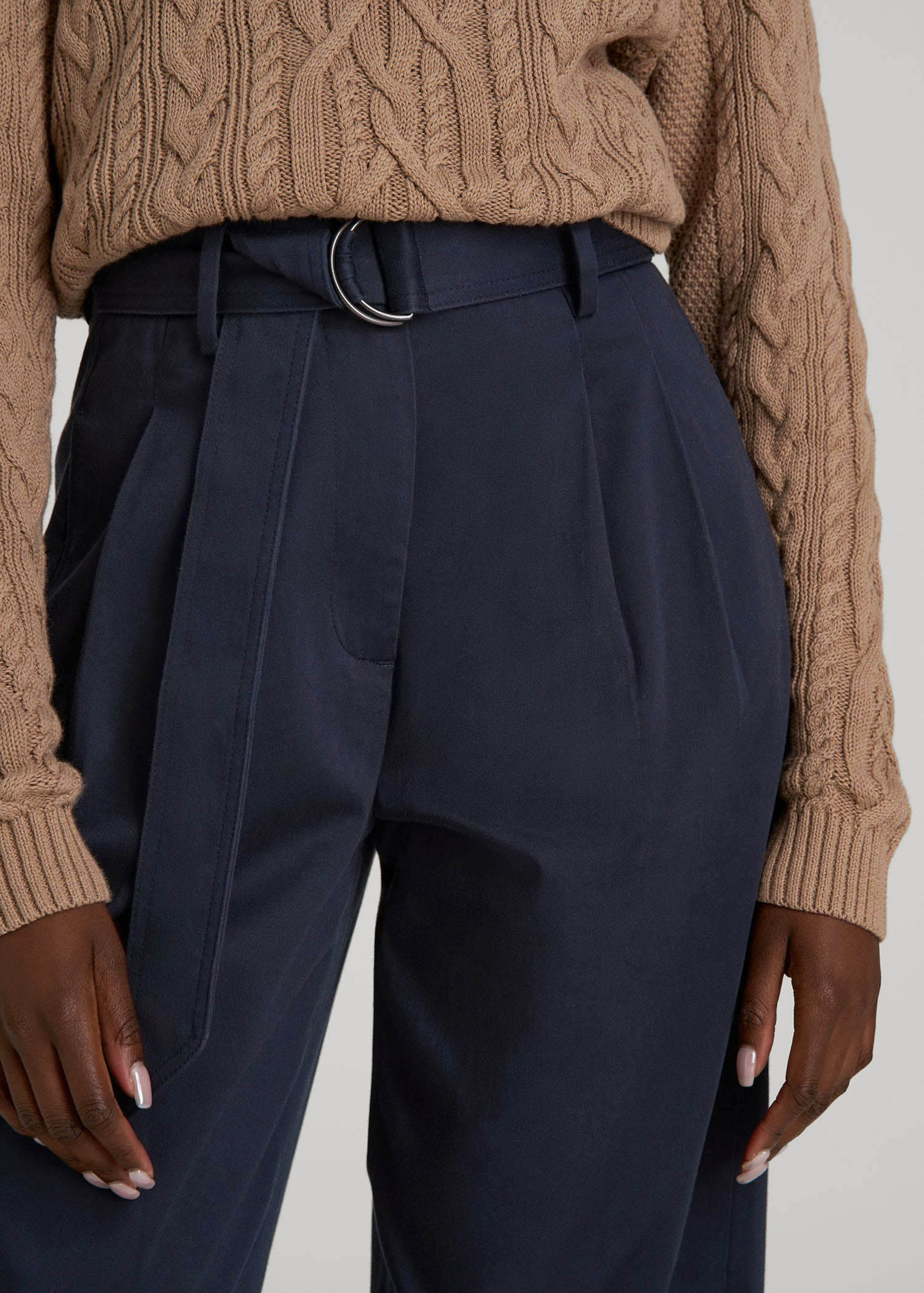 American Tall Women Pleated Wide Leg Chino With Belt for Tall Women in True Navy