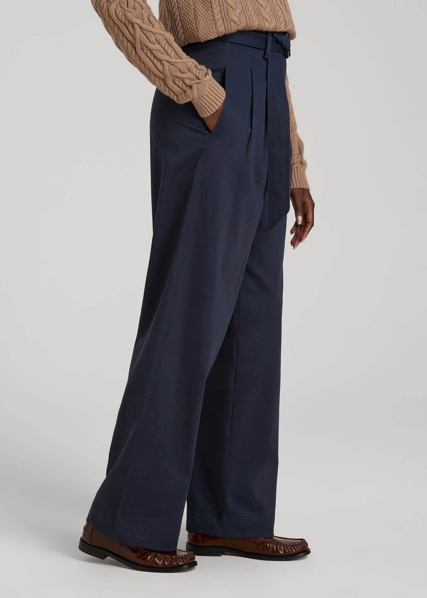 American Tall Women Pleated Wide Leg Chino With Belt for Tall Women in True Navy