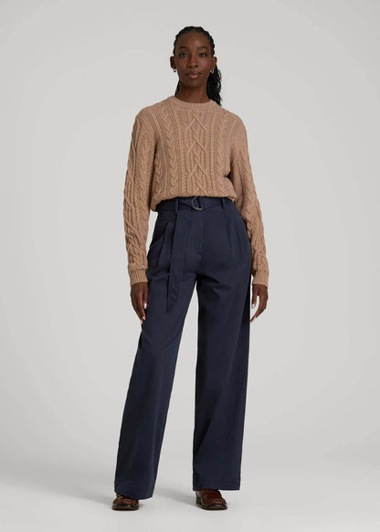 American Tall Women Pleated Wide Leg Chino With Belt for Tall Women in True Navy