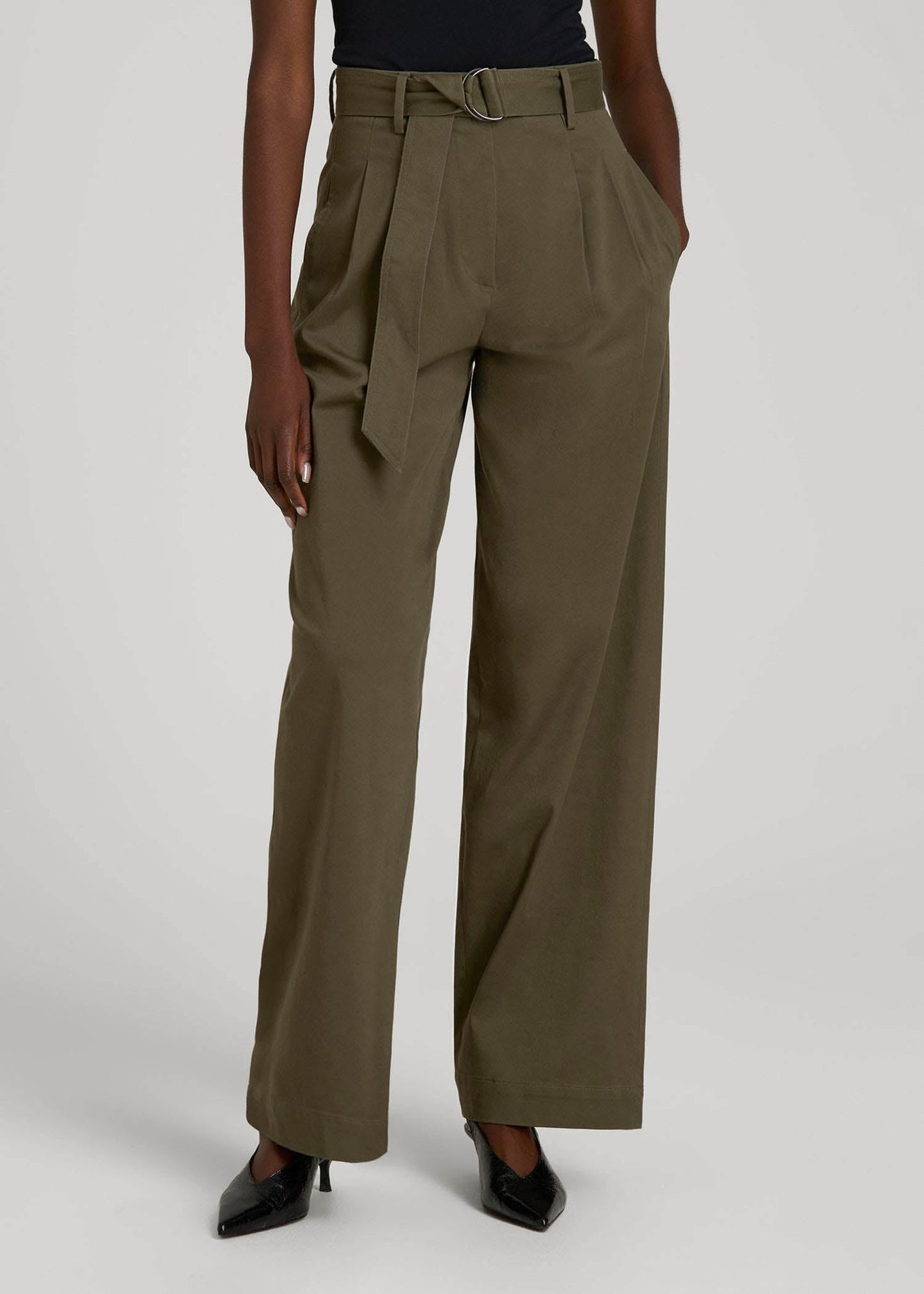 American Tall Women Pleated Wide Leg Chino With Belt for Tall Women in Forest Night