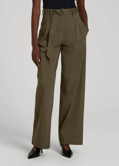 American Tall Women Pleated Wide Leg Chino With Belt for Tall Women in Forest Night