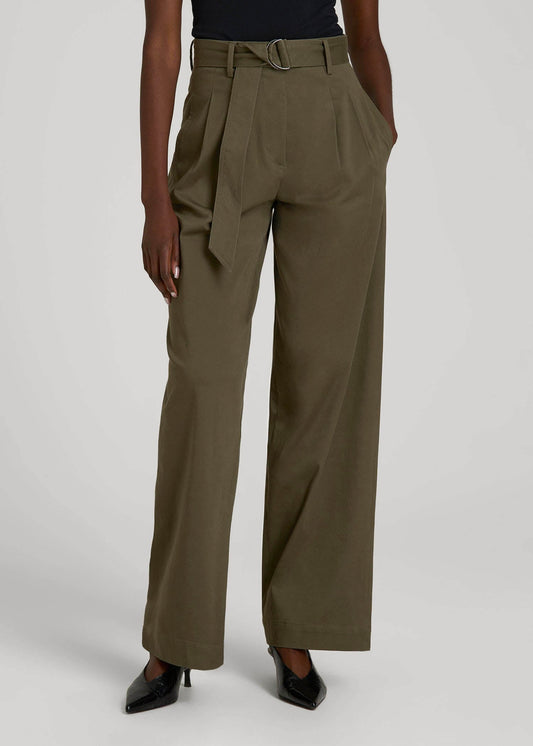 American Tall Women Pleated Wide Leg Chino With Belt for Tall Women in Forest Night