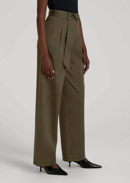 American Tall Women Pleated Wide Leg Chino With Belt for Tall Women in Forest Night