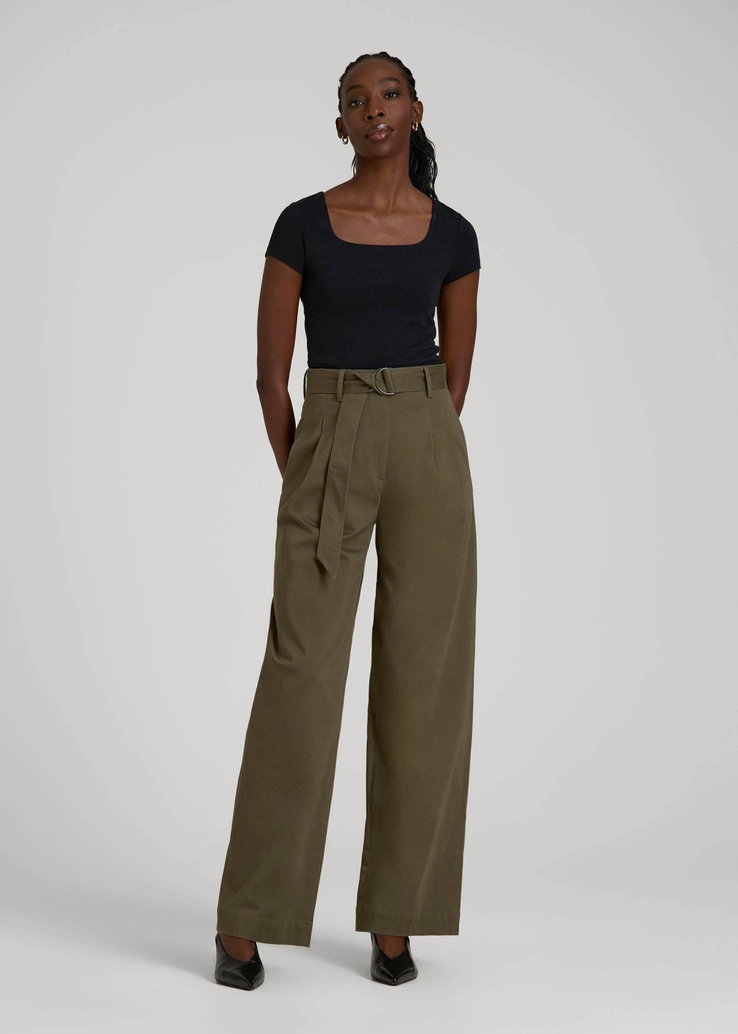 American Tall Women Pleated Wide Leg Chino With Belt for Tall Women in Forest Night