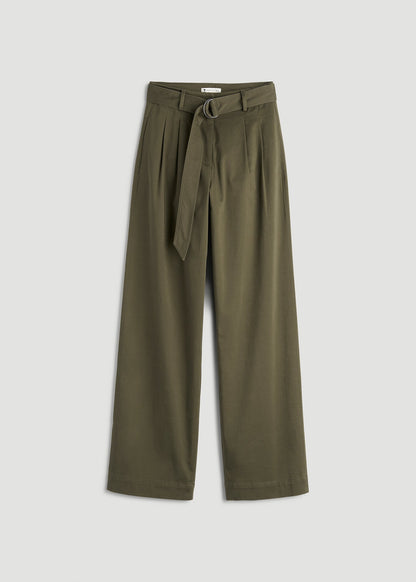 American Tall Women Pleated Wide Leg Chino With Belt for Tall Women in Forest Night