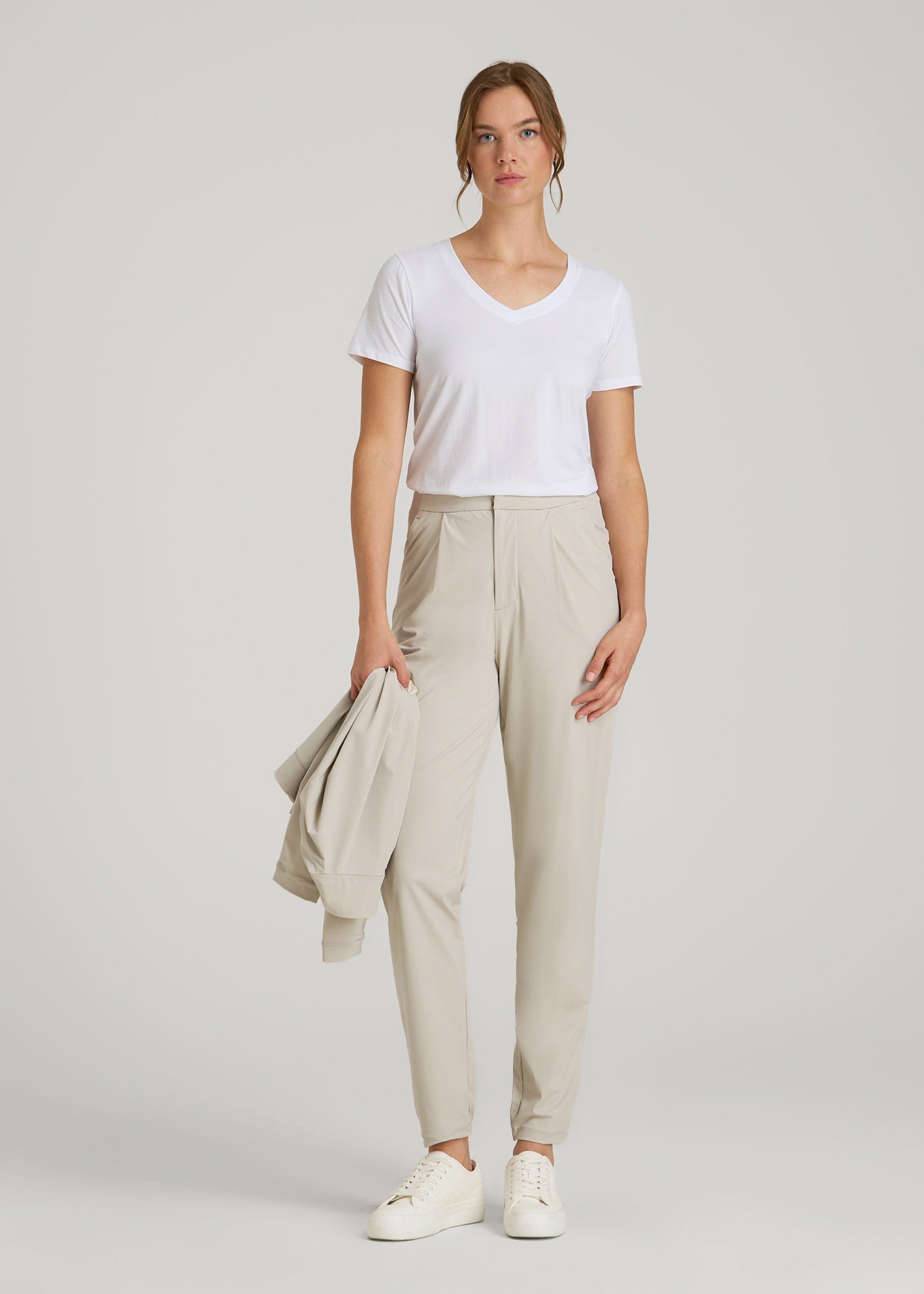 American Tall Women Commuter Pleated Jogger Pant for Tall Women in Stone
