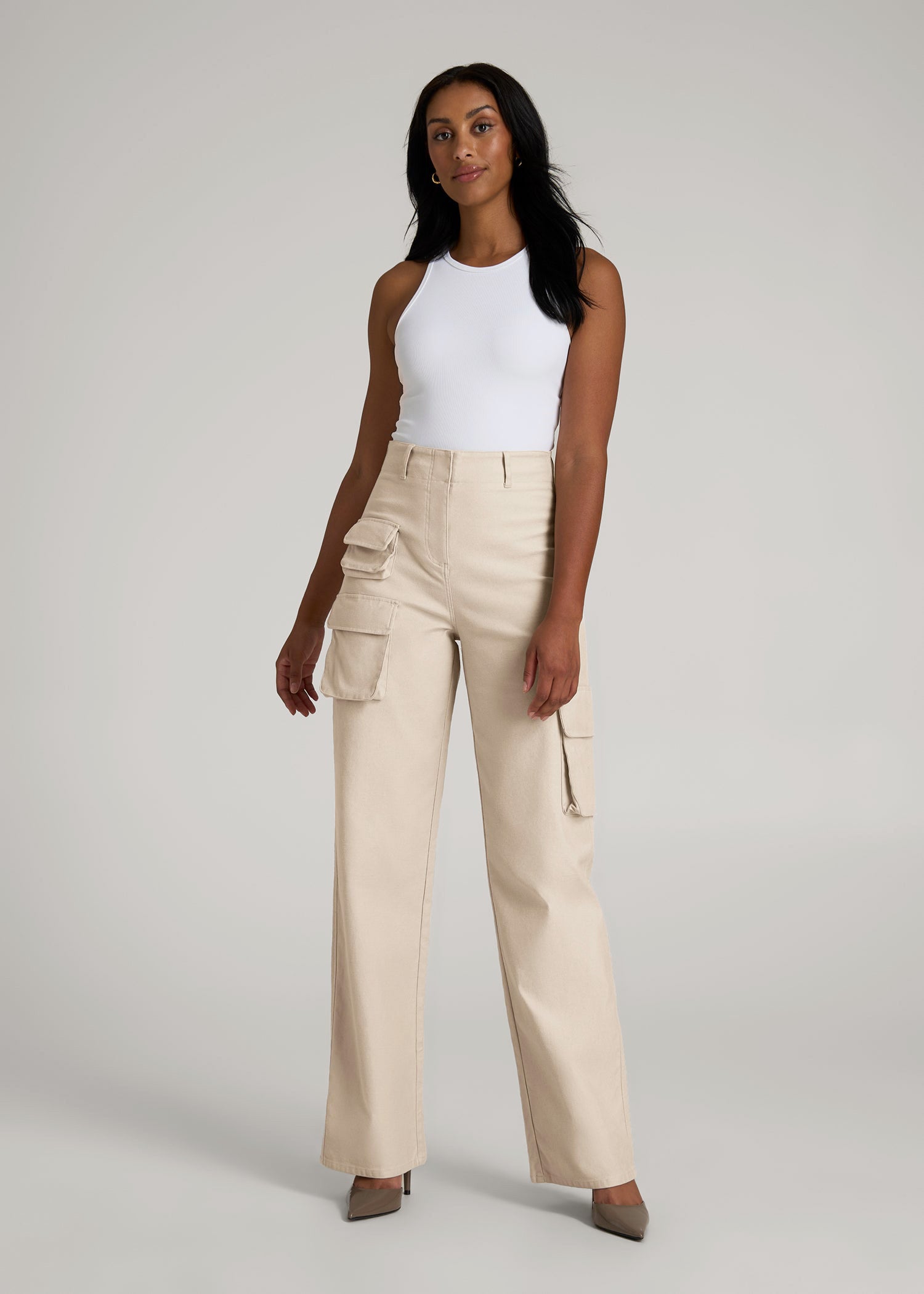 American Tall Women|Men High-Waist Flat Front Cargo Pants for Tall Women in Stone