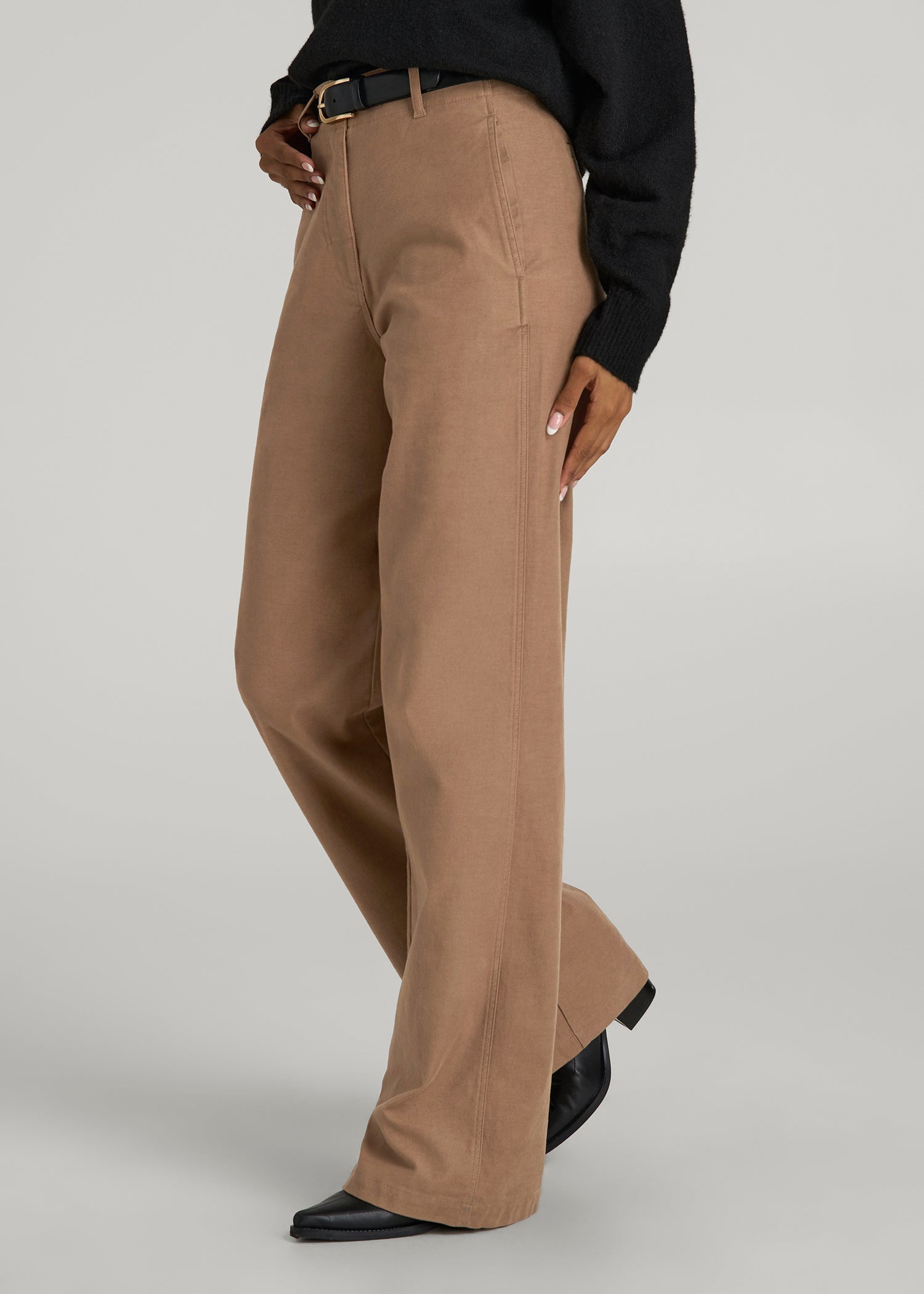 American Tall Women High Rise Wide Leg Flat Front Chinos for Tall Women in Fawn