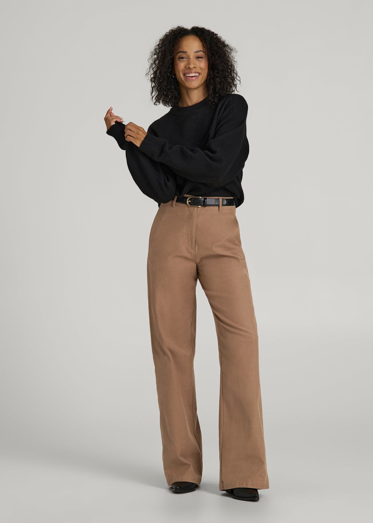 American Tall Women High Rise Wide Leg Flat Front Chinos for Tall Women in Fawn