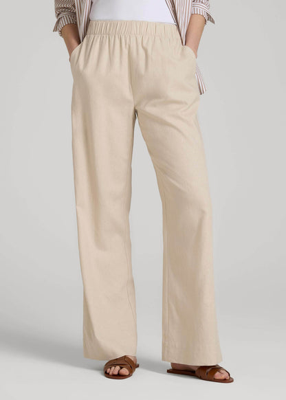 American Tall Women Pull On Wide Leg Linen Pants for Tall Women in Light Stone