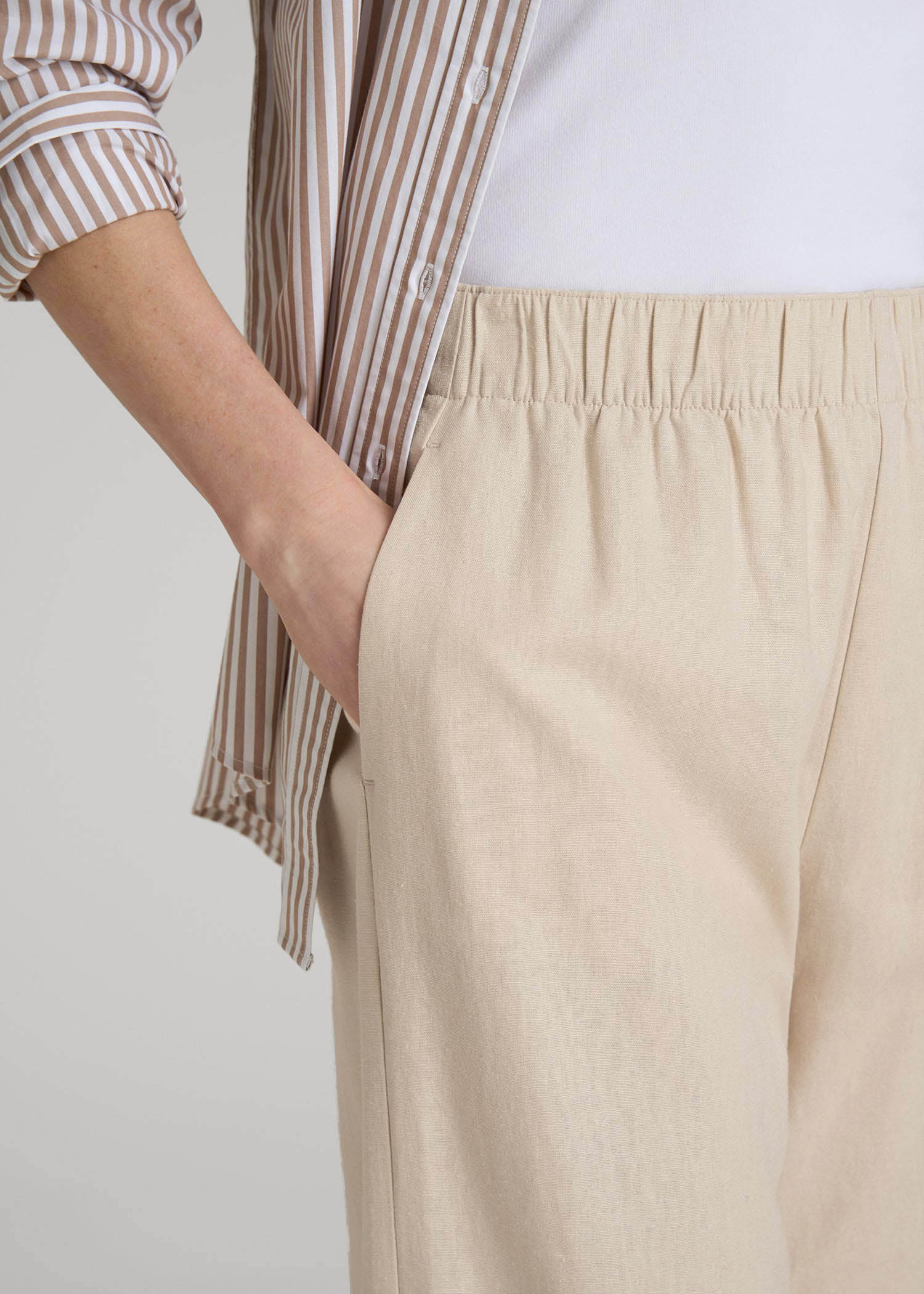 American Tall Women Pull On Wide Leg Linen Pants for Tall Women in Light Stone