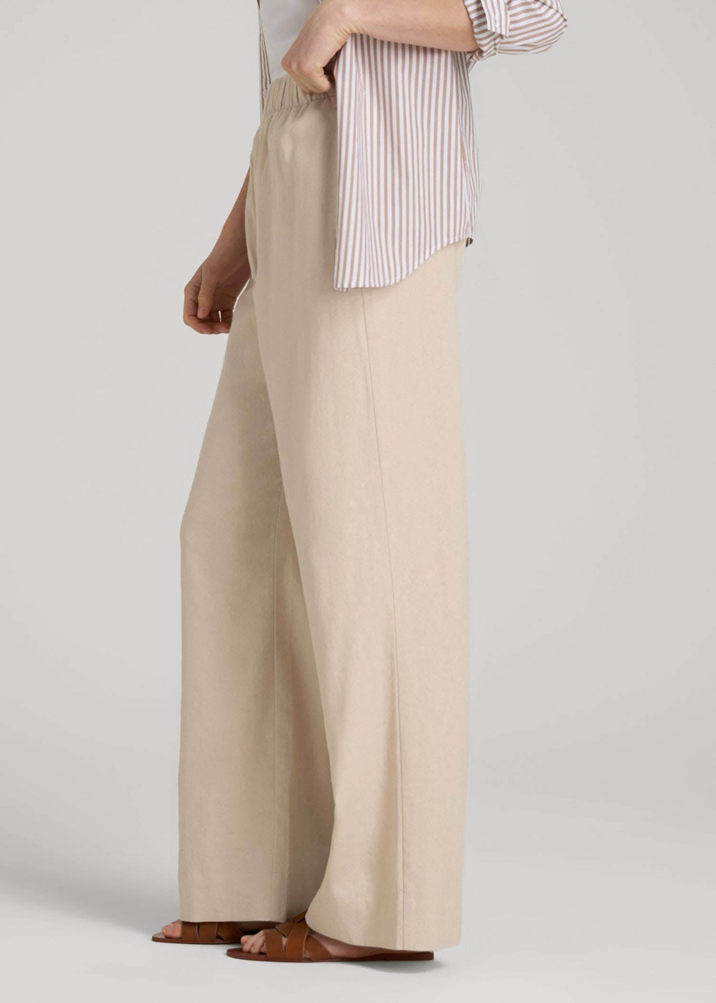 American Tall Women Pull On Wide Leg Linen Pants for Tall Women in Light Stone