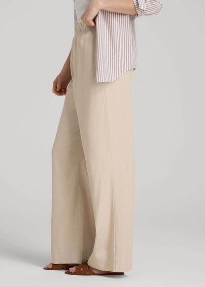 American Tall Women Pull On Wide Leg Linen Pants for Tall Women in Light Stone