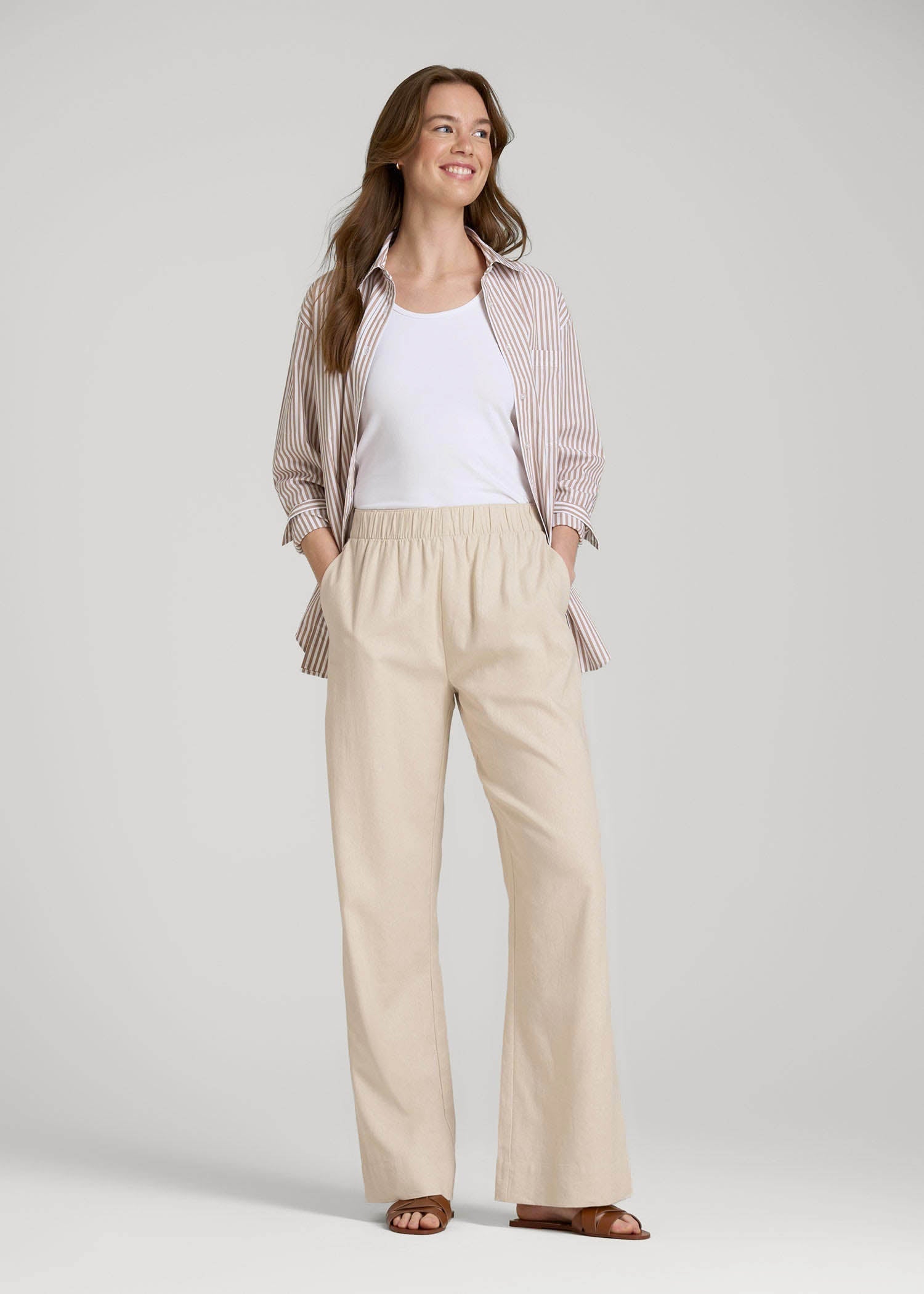 American Tall Women Pull On Wide Leg Linen Pants for Tall Women in Light Stone