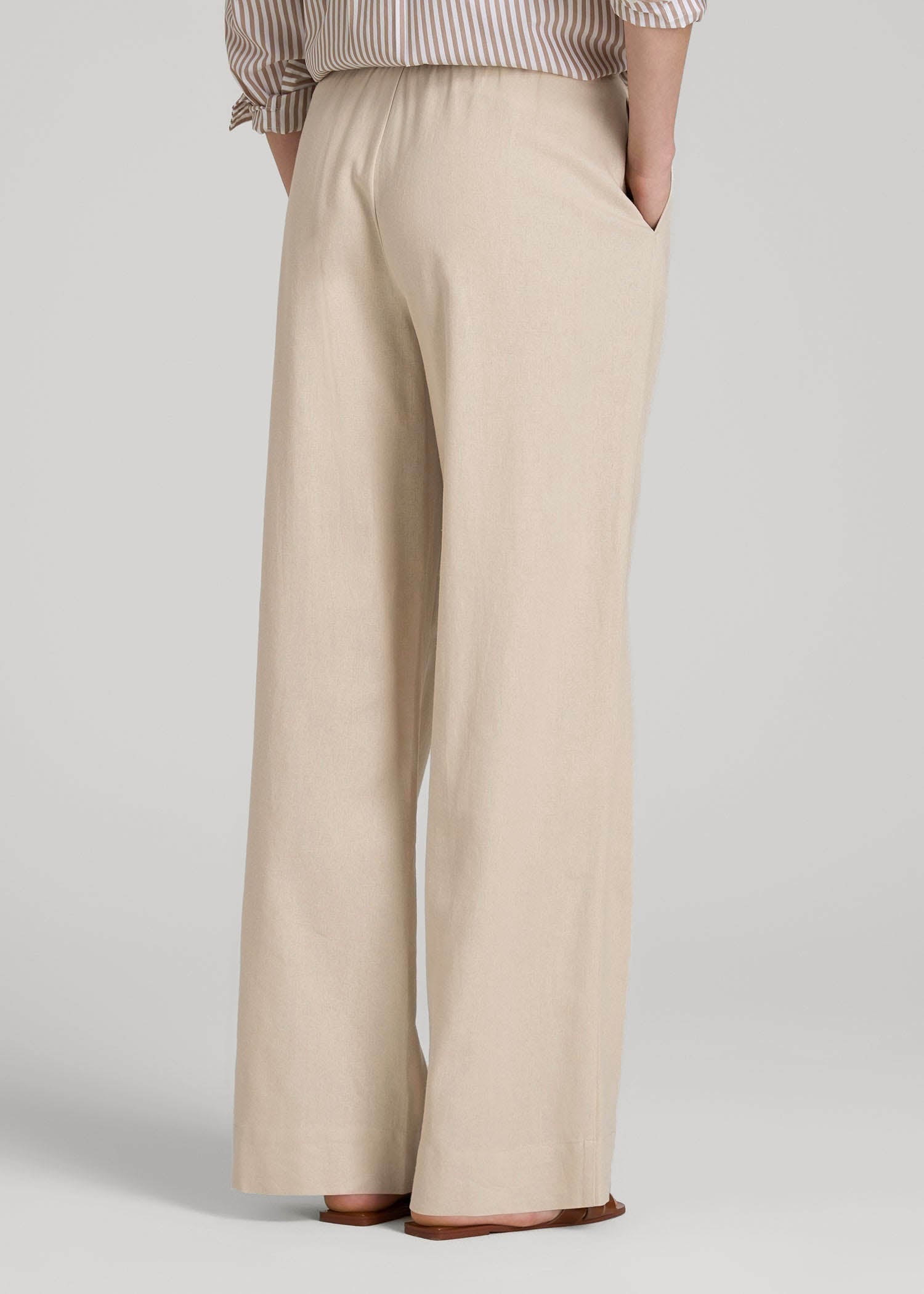 American Tall Women Pull On Wide Leg Linen Pants for Tall Women in Light Stone