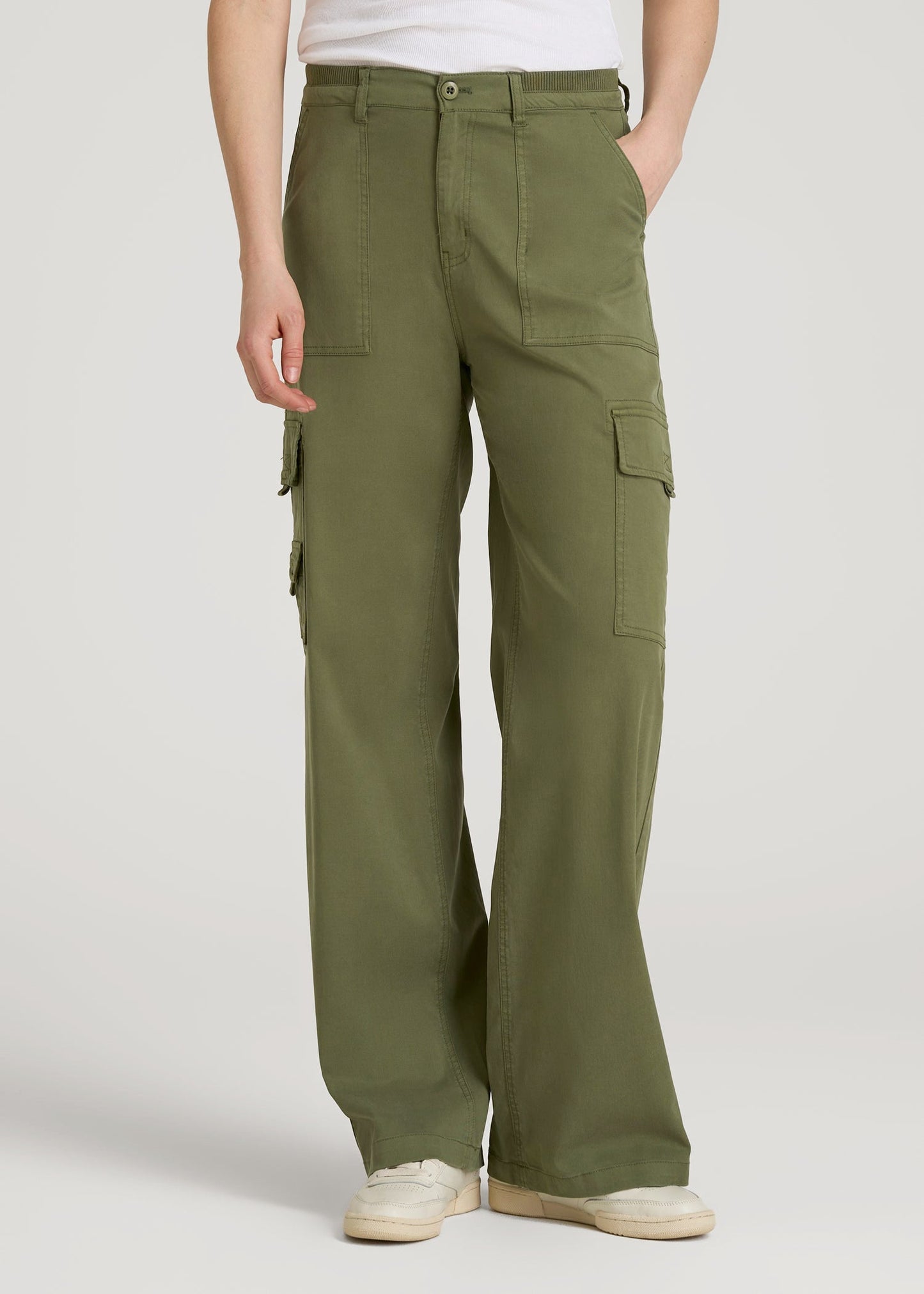 American Tall Women Garment Dyed Wide Leg Cargo Pants for Tall Women in Bright Olive