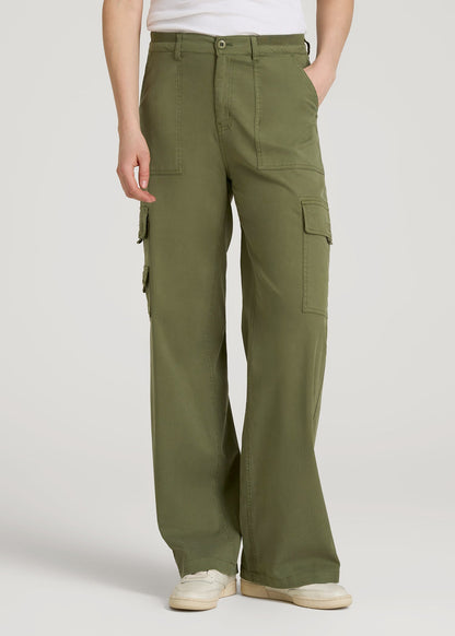 American Tall Women Garment Dyed Wide Leg Cargo Pants for Tall Women in Bright Olive