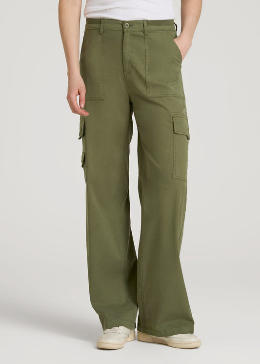 American Tall Women Garment Dyed Wide Leg Cargo Pants for Tall Women in Bright Olive