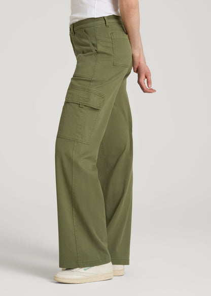 American Tall Women Garment Dyed Wide Leg Cargo Pants for Tall Women in Bright Olive
