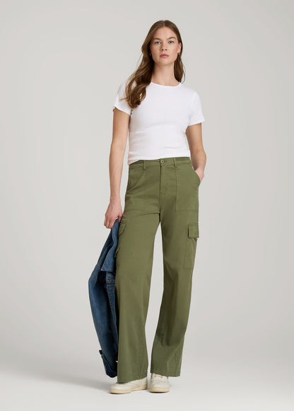 American Tall Women Garment Dyed Wide Leg Cargo Pants for Tall Women in Bright Olive