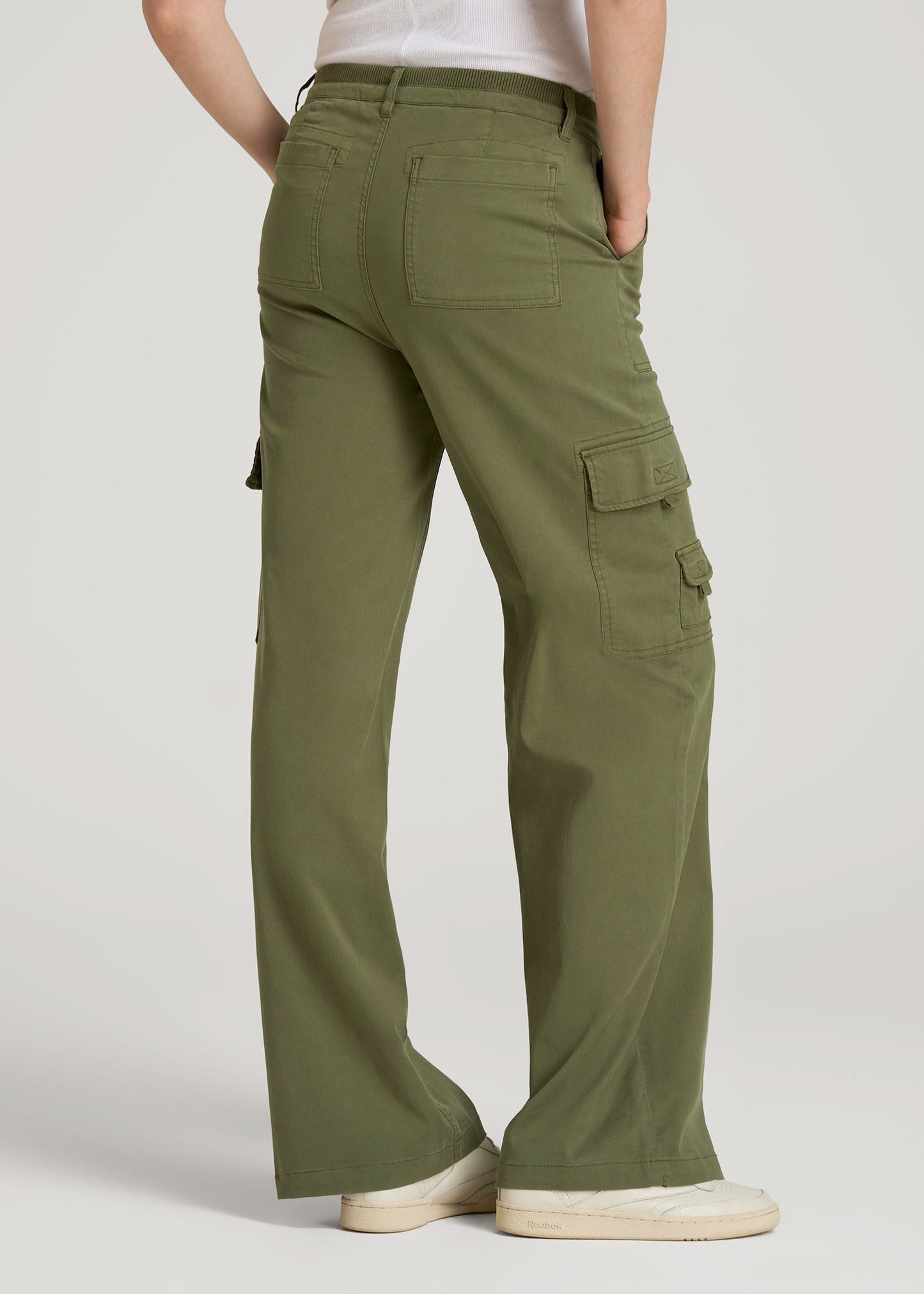 American Tall Women Garment Dyed Wide Leg Cargo Pants for Tall Women in Bright Olive