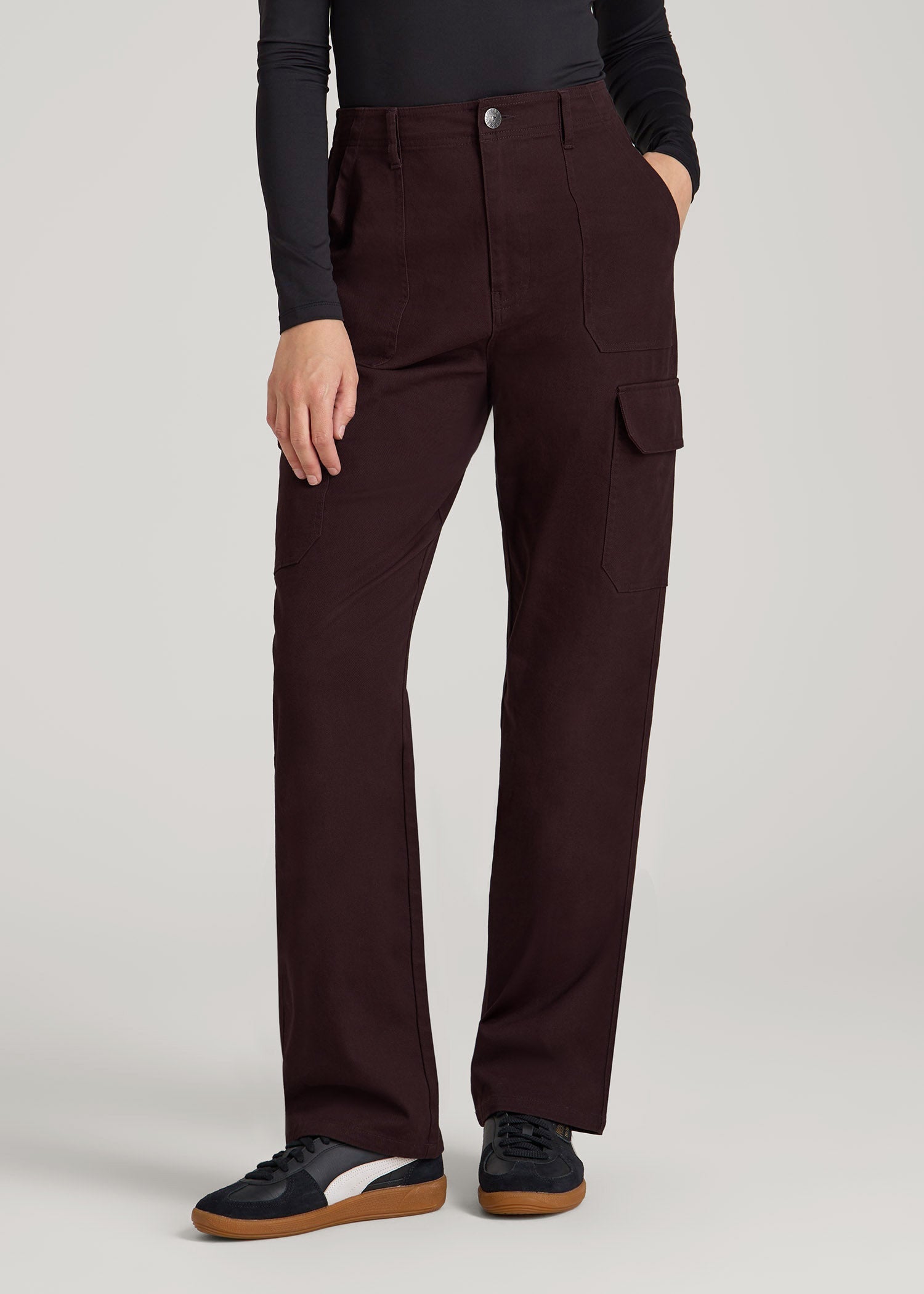 American Tall Women|Men Straight Leg Cargo Chino Pants for Tall Women in Oxblood