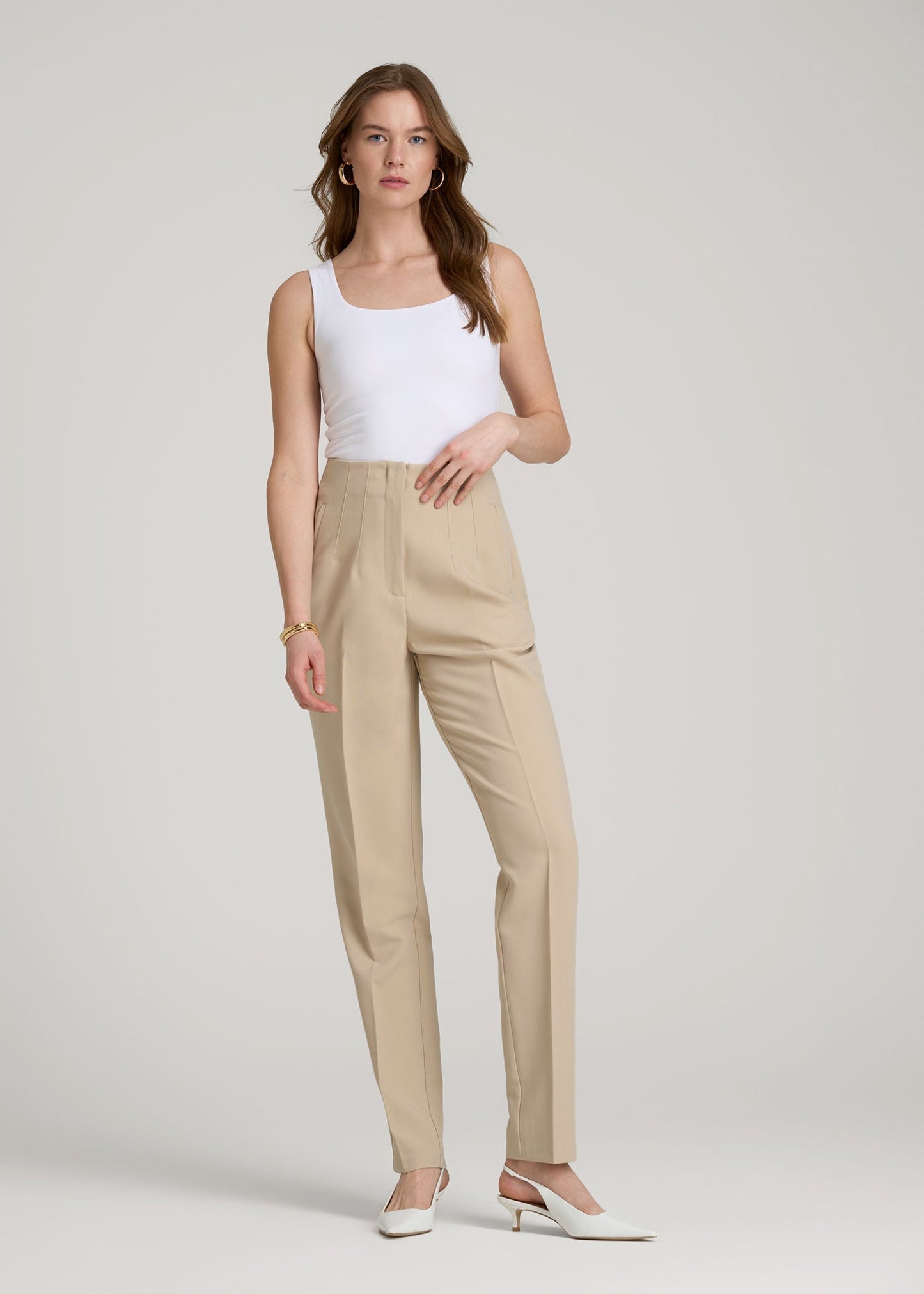 American Tall Women|Men High Rise Pants with Darts for Tall Women in Light Camel