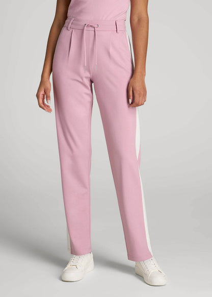 American Tall Women|Men Pull On Tuxedo Stripe Pants for Tall Women in Pink Peony and White Alyssum