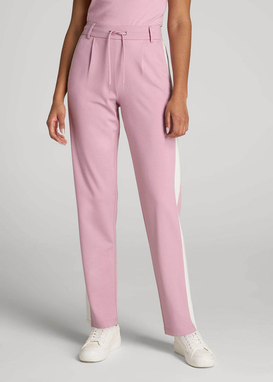 American Tall Women|Men Pull On Tuxedo Stripe Pants for Tall Women in Pink Peony and White Alyssum