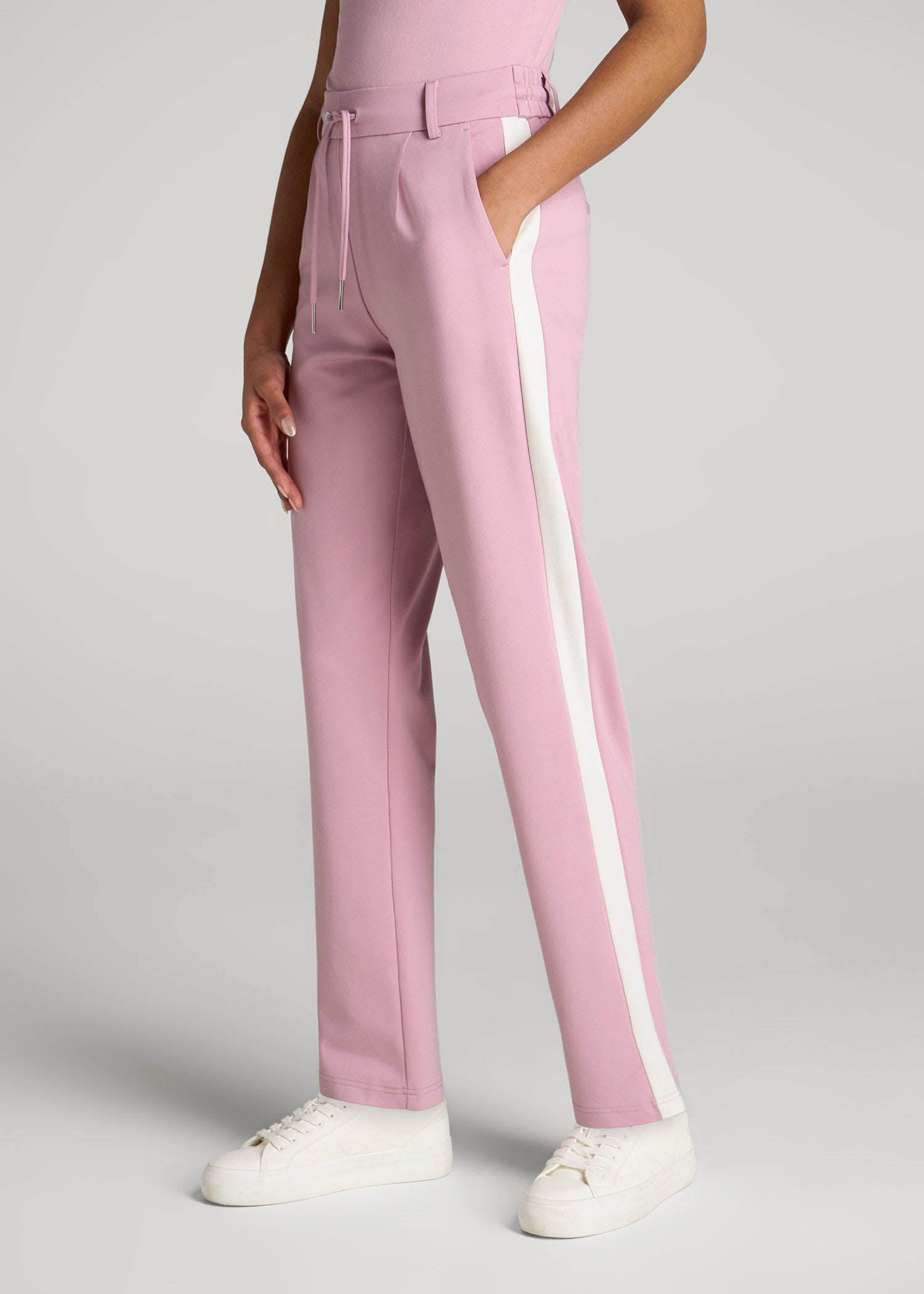 American Tall Women|Men Pull On Tuxedo Stripe Pants for Tall Women in Pink Peony and White Alyssum