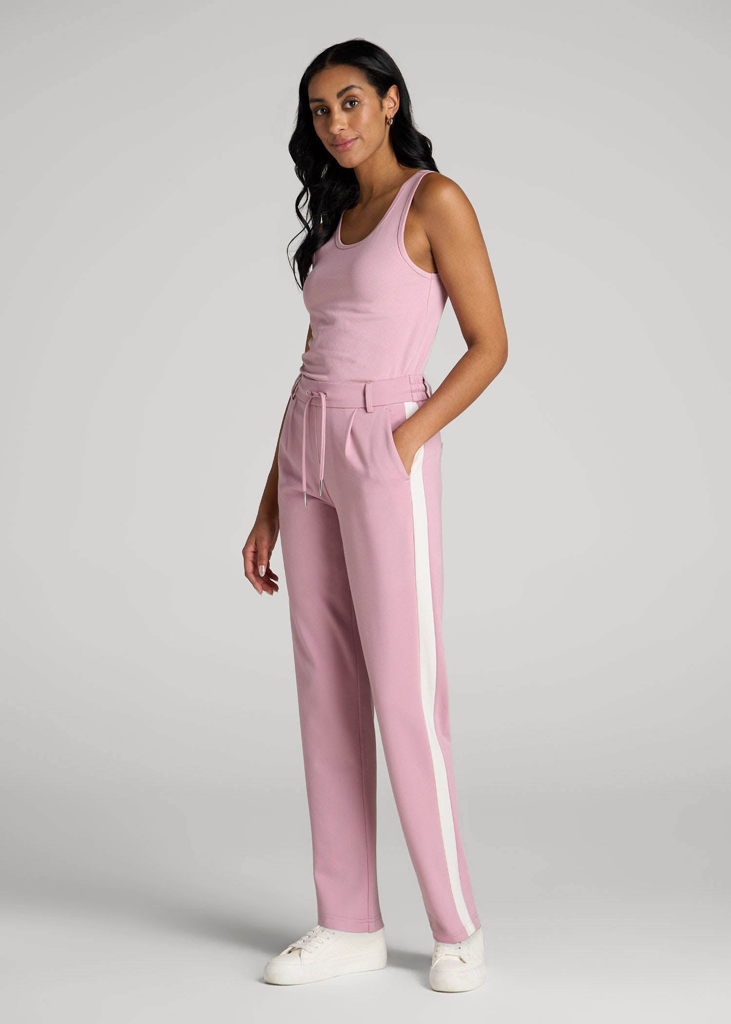 American Tall Women|Men Pull On Tuxedo Stripe Pants for Tall Women in Pink Peony and White Alyssum