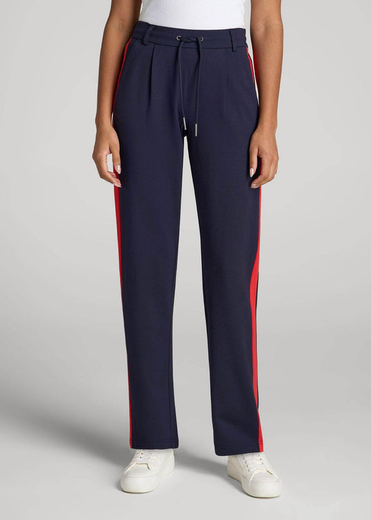 American Tall Women|Men Pull On Tuxedo Stripe Pants for Tall Women in True Navy and Radiant Red