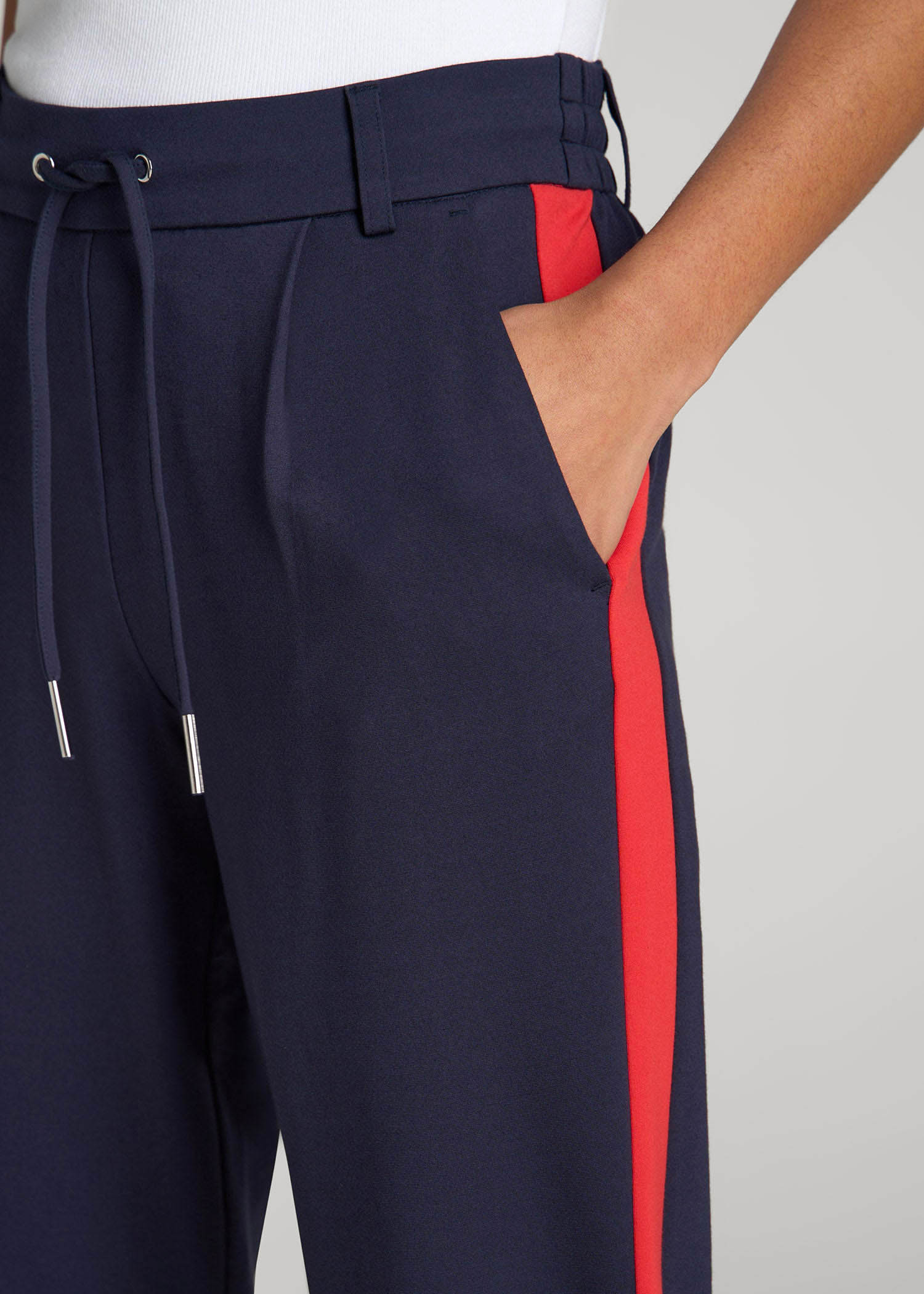 American Tall Women|Men Pull On Tuxedo Stripe Pants for Tall Women in True Navy and Radiant Red