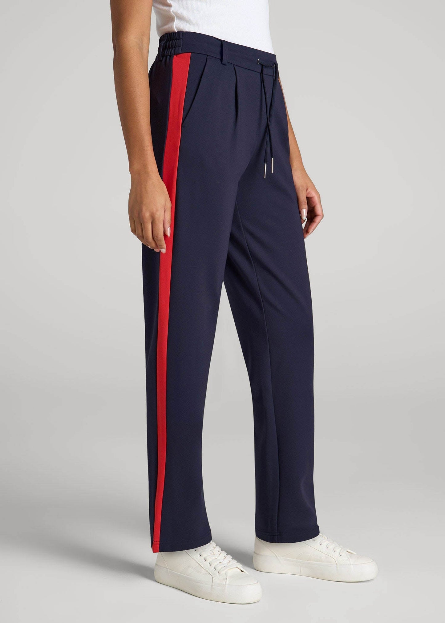 American Tall Women|Men Pull On Tuxedo Stripe Pants for Tall Women in True Navy and Radiant Red