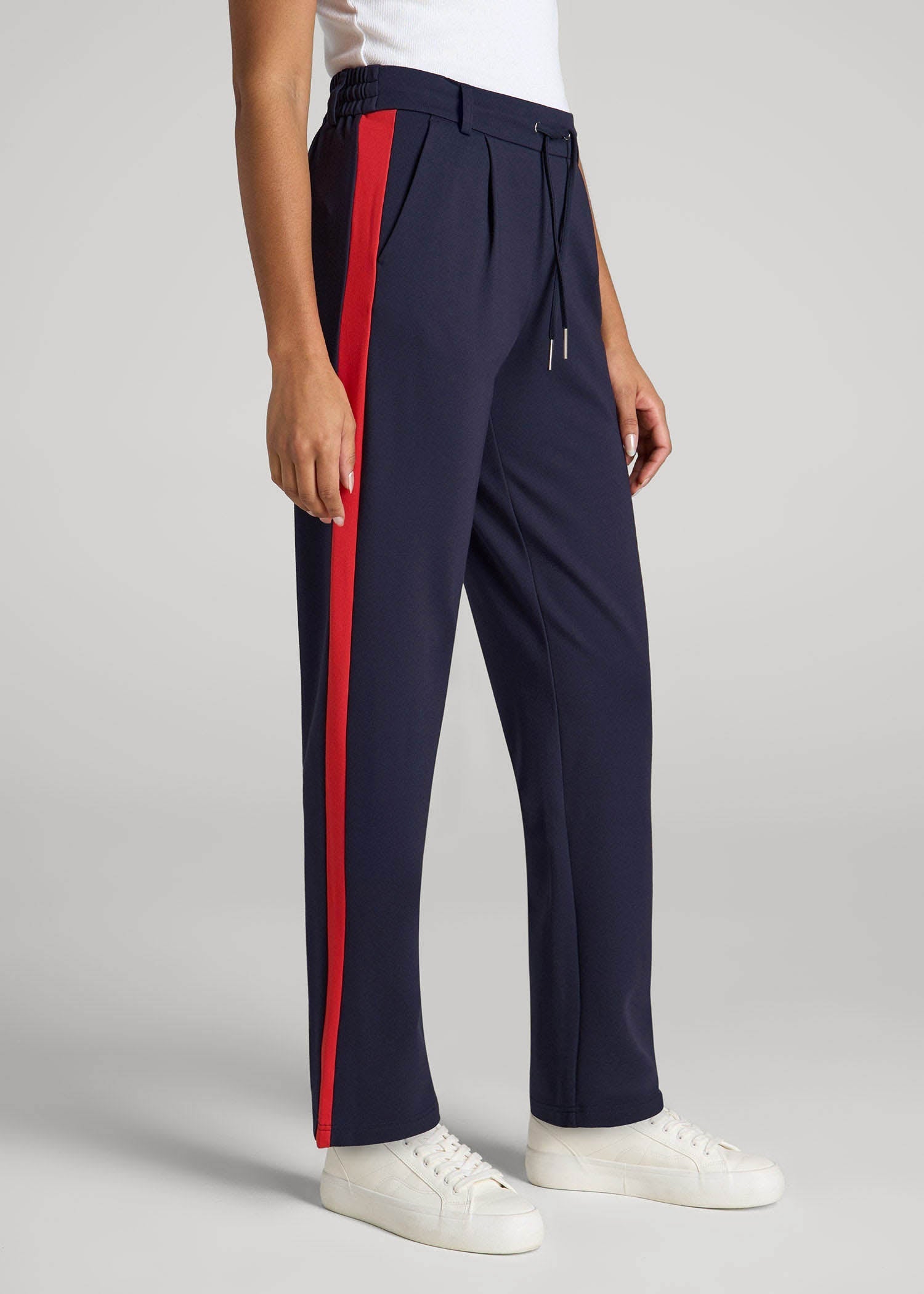 American Tall Women|Men Pull On Tuxedo Stripe Pants for Tall Women in True Navy and Radiant Red