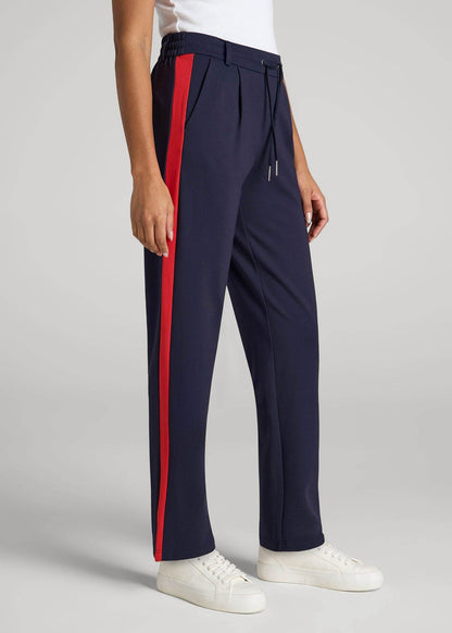 American Tall Women|Men Pull On Tuxedo Stripe Pants for Tall Women in True Navy and Radiant Red