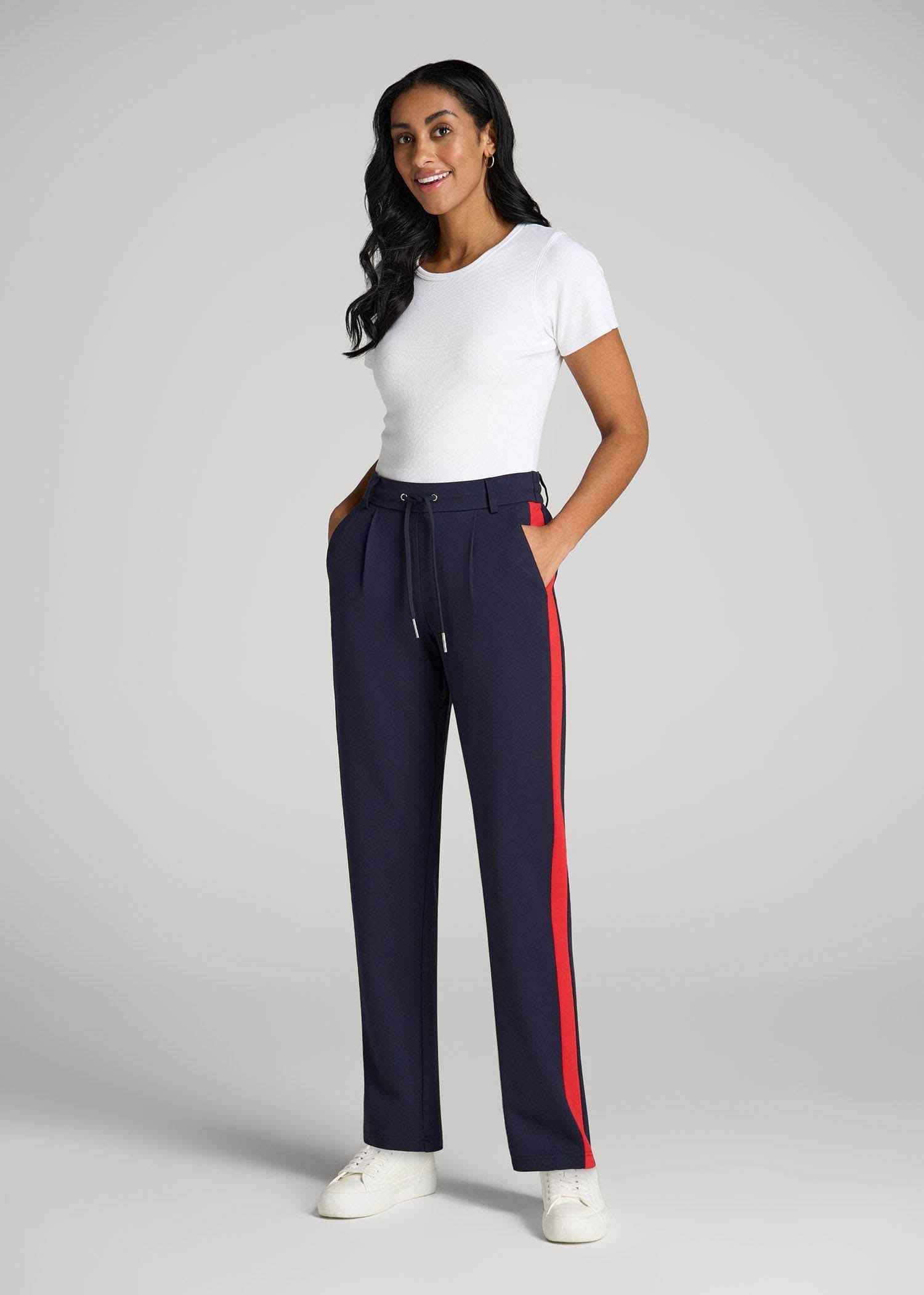 American Tall Women|Men Pull On Tuxedo Stripe Pants for Tall Women in True Navy and Radiant Red